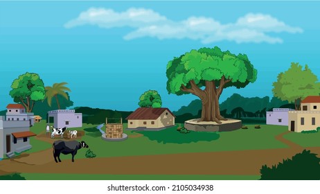 Indian Village Background Illustration, village surrounded by mountains