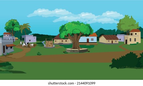 Indian Village Background Illustration, Village surrounded by mountains