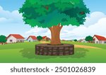 Indian Village Background Vector, Big Tree, Villagers, Sitting place, houses, indian village, houses Background