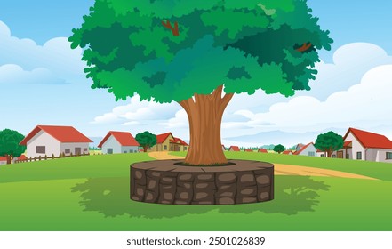 Indian Village Background Vector, Big Tree, Villagers, Sitting place, houses, indian village, houses Background