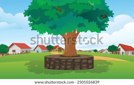 Indian Village Background Vector, Big Tree, Villagers, Sitting place, houses, indian village, houses Background