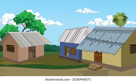 Indian Village Background Vector with Cartoon Style Tin Roof Houses, Trees, and Clear Sky – Rural India Scene for Animation, Explainer Videos, Children Stories, Games, and Educational Projects

