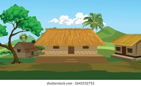 Indian Village Background Vector with Tribal Mud Hut, Thatched Roof, Palm Tree, and Green Hills – Cartoon Style Rural Scene for Animation, Storytelling, Farming, and Educational Projects
