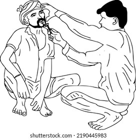 Indian village barber making shave line art vector silhouette, Indian street barber sketch drawing, Street barber cartoon, Barber clip art