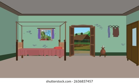 Indian Village Bedroom Cartoon Vector – Rural House Interior with Bed, Wardrobe, Window, Open Door, Hanger, Matka Pot – Animation Background for 2D Cartoon, Game, and Educational Projects