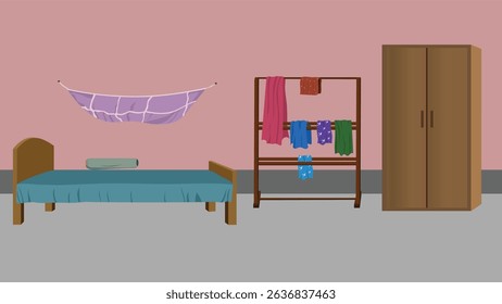 Indian Village Quarto Vetor de Desenho Animado - Casa Rural Interior com Cama, Suporte de Roupas, Guarda-roupa, Mosquiteiro - Fundo de Animação para 2D Desenho Animado, Jogo e Projetos Educacionais