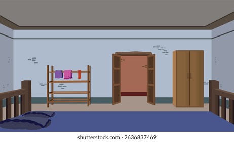 Vetor de Desenho Animado de Quarto Indian Village - Casa Rural Interior com Cama, Armário, Suporte para Roupas, Porta Aberta, Cena de Quarto Tradicional - Fundo de Animação para Projetos de Desenho Animado 2D