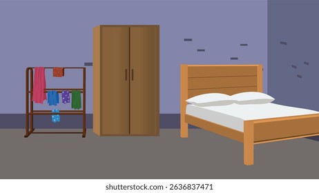Indian Village Bedroom Cartoon Vector – Rural House Interior with Bed, Wardrobe, Clothes Stand, Simple Wall – Animation Background for 2D Cartoon, Game, and Educational Projects