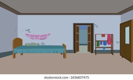 Vetor de Desenho Animado de Quarto Indian Village - Casa Rural Interior com Cama, Suporte de Roupas, Armário, Porta Aberta, Cena de Quarto Tradicional - Fundo de Animação para Projetos de Desenho Animado 2D