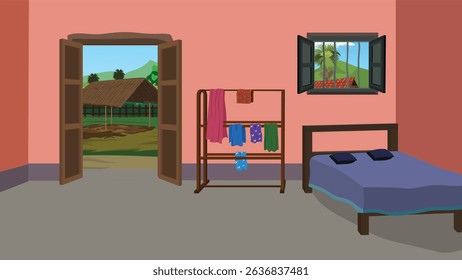 Vetor de Desenho Animado de Quarto Indian Village - Casa Rural Interior com Cama, Suporte para Roupas, Porta Aberta, Janela, Vista Exterior - Fundo de Animação para Desenhos Animados 2D e Projetos Educacionais