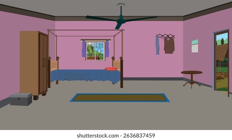 Indian Village Bedroom Interior Cartoon Vector – Rural House Room with Bed, Ceiling Fan, Wardrobe, Window, Open Door, Outdoor View – Animation Background for 2D Cartoon Projects