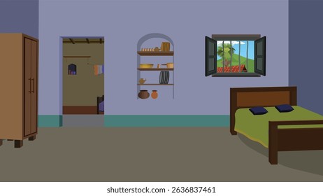 Indian Village Bedroom Interior Cartoon Vector – Rural House Room with Bed, Wardrobe, Kitchen Shelf, Open Window, Outdoor View – Animation Background for 2D Cartoon Projects