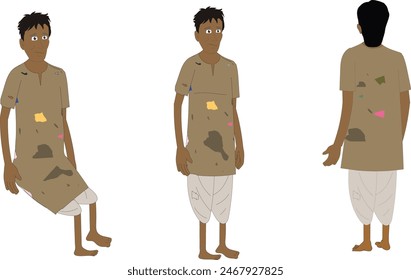 Indian village beggar character for cartoon animation. Poor beggar character design isolated illustration 