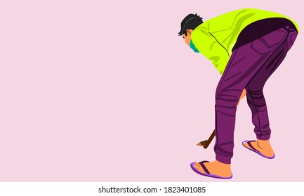 An indian village boy cartoon playing Gilli Danda alone on light background abstract art for sports activities concept.