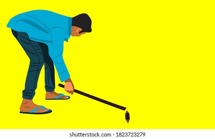 An indian village boy cartoon playing Gilli Danda alone on yellow background abstract art for sports activities concept.