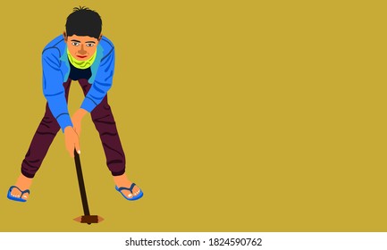 An indian village boy cartoon playing Gilli Danda alone on yellow background abstract art for sports activities concept.