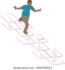 Indian village boy playing nondi or stapu or hopscotch