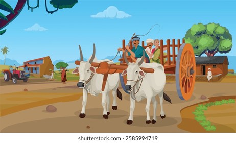 Indian village and bullock cart, people traveling in a bullock cart