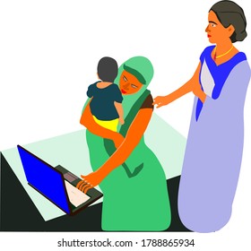An indian village cartoon lady learning computer technology with holding his little baby kid on lap at isolated educational background.