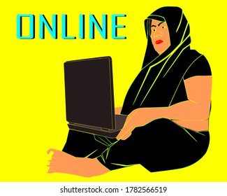 An indian village cartoon woman working online on computer wearing black sari illustration art.