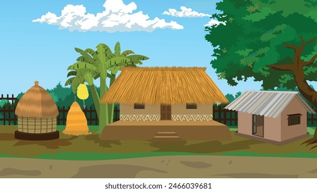 Indian village cottage house yard background for cartoon. Asian rural home with hut, straw pile 