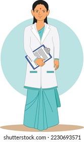 Indian Village Doctor. lady doctor in white dress with cardboard. Vector illustration white background. 