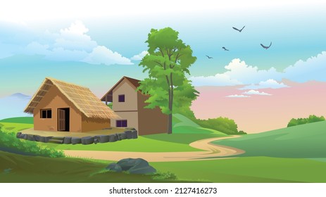 Indian village farm old house rural house with cloud green background