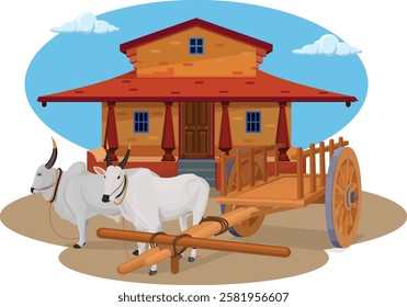 Indian village farmer house, bullock cart and Ox, village old house living area with the house.