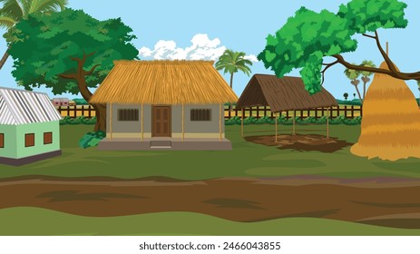 Casa de labranza de pueblo indio con establo y pila de paja. Casa asiática de barro pobre. cabaña y cabaña 