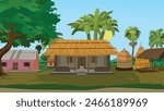 Indian Village farmers house with cowshed and pile of straw and hut. Asian rural cottage background