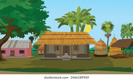 Indian Village farmers house with cowshed and pile of straw and hut. Asian rural cottage background