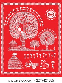 Indian village farming process showing in Warli art painting. Warli Painting with Tribal Indian Traditional culture. Modern painting, art, illustration, vector, warli painting.