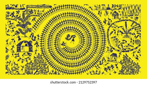 Indian village farming process warli painting. Wall painting showing hard work of farmers.