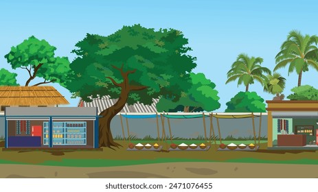 Ilustración de fondo del mercado de alimentos de la aldea india. Paisaje del mercado de pueblo. Vector de pueblo asiático para animación de dibujos animados