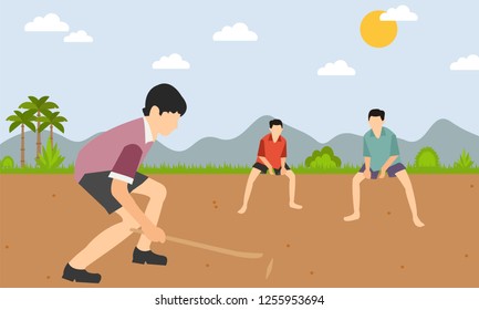Indian village game. Kids playing with stick.