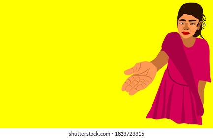 An indian village girl cartoon begging money on hand at pink background abstract art for poor lifestyle concept.