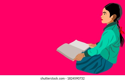 An indian village girl cartoon reading text book alone on pink background abstract art for educational concept.