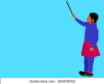 An indian village government school girl cartoon holding stick isolated on turkish blue color background abstract art for educational concept.