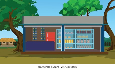 Fondo de tienda de comestibles de pueblo indio. Tienda rural asiática con alimentos, nevera, estante y mesa