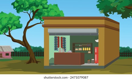 Ilustración vectorial de tienda de comestibles de pueblo indio para animación de dibujos animados. Fondo de aldea india. Carretera de aldea asiática