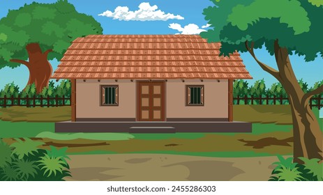 Indian village house background for cartoon animation landscape with village Village farm house, old Indian rural house