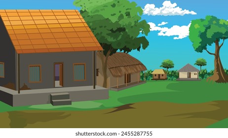 Indisches Dorfhaus Hintergrund für Zeichentrick-Animationslandschaft mit Dorf Bauernhaus, altes indisches ländliches Haus, Lehmhaus, Ferienhaus, ländlich