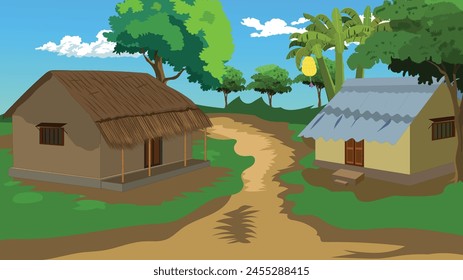 Indian village house background for cartoon animation landscape with village Village farm house, old Indian rural house