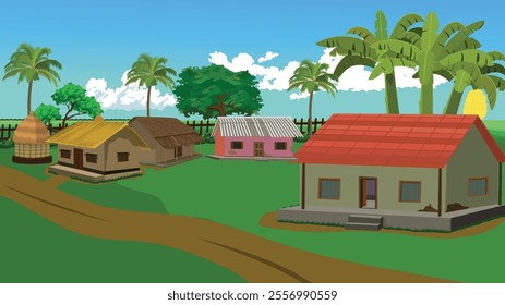 Indian village house background landscape vector illustration.Rural asian village with huts and cottages beside a dirt road and green field