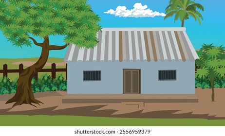 Indian village house with thatched roof made of tin.Rural cottage cartoon background vector illustration