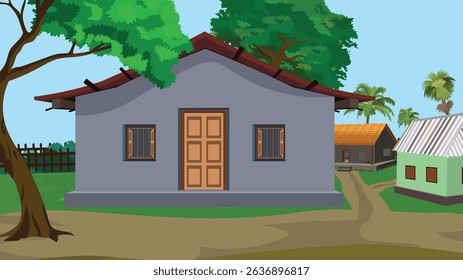 Indian Village House Vector Illustration | Rural Countryside Scene with Colorful Homes, Trees, and Pathways | Cartoon Animation Background for Kids, Educational, and Storytelling Projects
