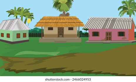 Indian village house yard background  . Rural hut for cartoon animation. Asian poor farmer cottage