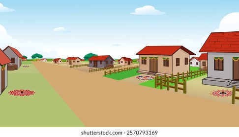 Indian Village Houses Street Background Illustration, Cartoon Indian Village Background Vector