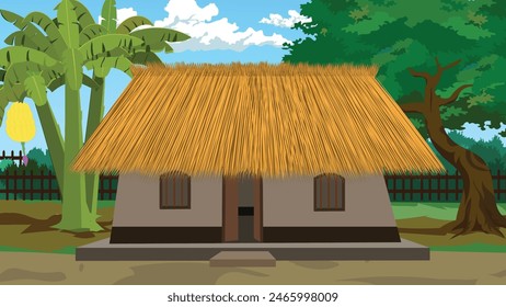 Indian Village hut made of straw. Asian hut background landscape for cartoon animation