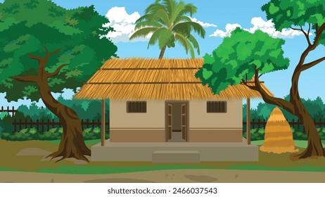 Indian village hut mud wall and thatched straw roof. Asian rural cottage for cartoon